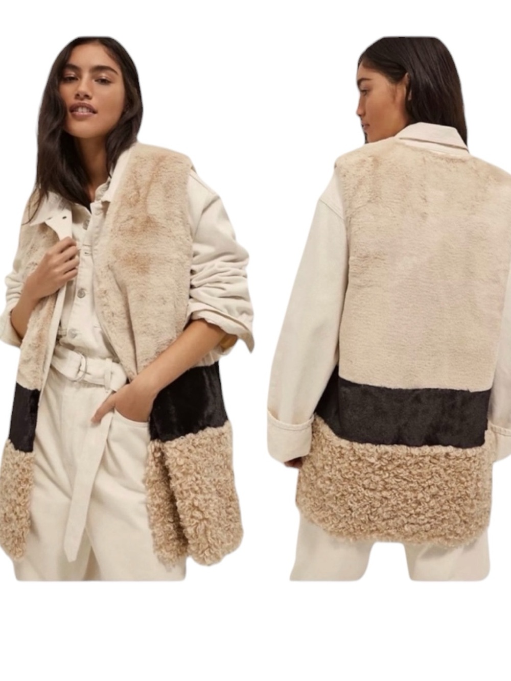 Faux Fur Vest Longline Cozy Mixed Media Size Medium Street Style Bohemian Retro